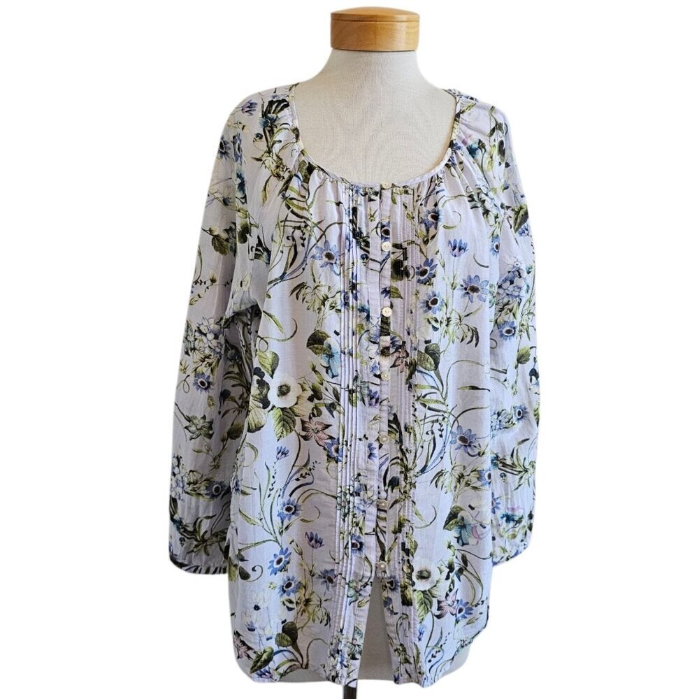 J Jill Floral Silk Blend Lightweight Scoop Neck Pintucked Button Front Blouse XL